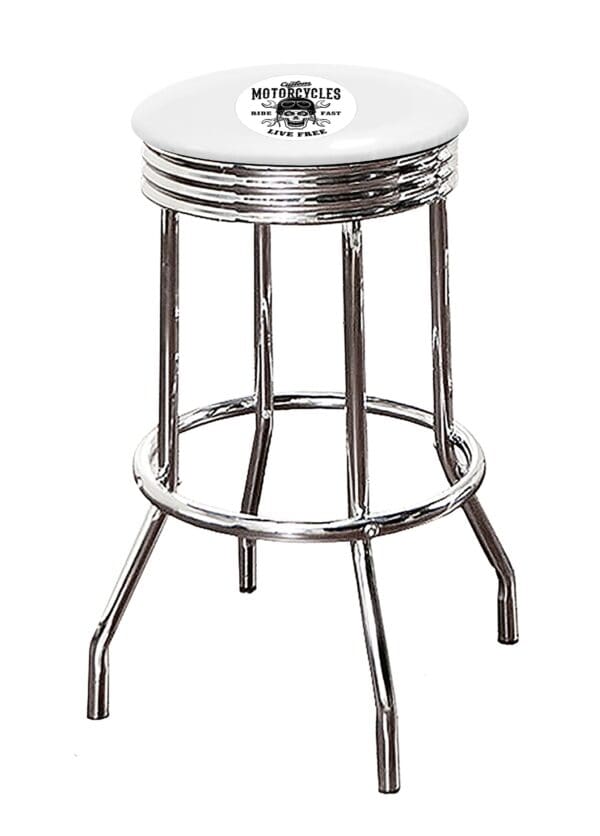 Motorcycle Live Free Skull Themed Bar Stool 24" or 29" Retro Style Backless Chrome Stool with Logo on a Colored Vinyl Swivel Seat Cushion - Image 3