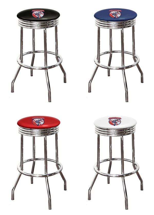 Motocross Themed Bar Stool 24" or 29" Retro Style Backless Chrome Stool with the Logo on a Colored Vinyl Swivel Seat Cushion