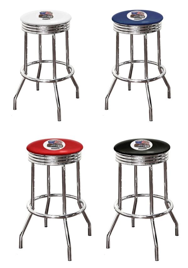 Motorcycle Patriotic Freedom Themed Bar Stool 24" or 29" Retro Style Backless Chrome Stool with Logo on a Colored Vinyl Swivel Seat Cushion