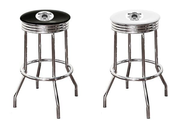 Motorcycle Live Free Skull Themed Bar Stool 24" or 29" Retro Style Backless Chrome Stool with Logo on a Colored Vinyl Swivel Seat Cushion