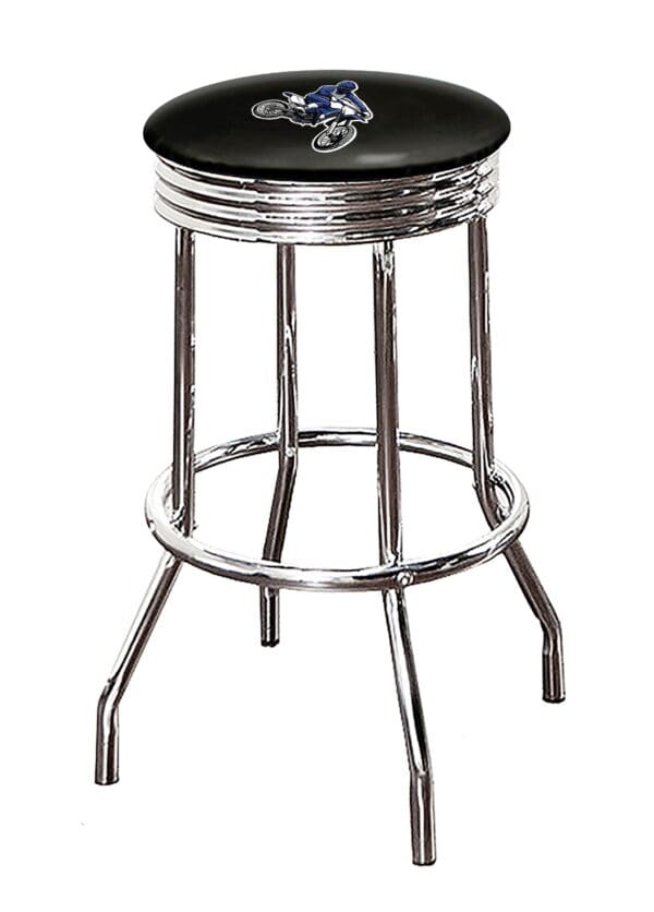 Motorcycle Dirt Bike Blue Themed Bar Stool 24" or 29" Retro Style Backless Chrome Stool with Logo on a Colored Vinyl Swivel Seat Cushion - Image 2