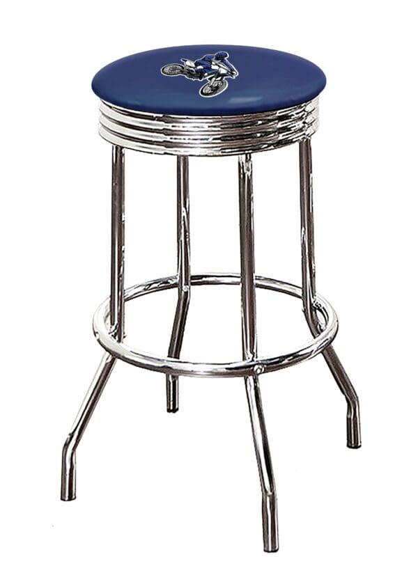 Motorcycle Dirt Bike Blue Themed Bar Stool 24" or 29" Retro Style Backless Chrome Stool with Logo on a Colored Vinyl Swivel Seat Cushion - Image 3