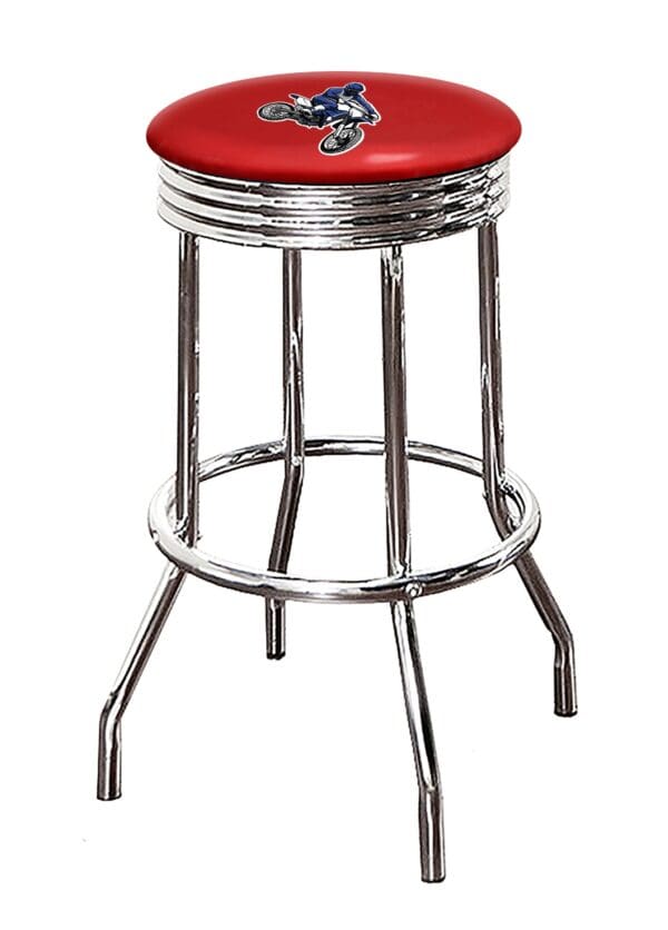 Motorcycle Dirt Bike Blue Themed Bar Stool 24" or 29" Retro Style Backless Chrome Stool with Logo on a Colored Vinyl Swivel Seat Cushion - Image 4