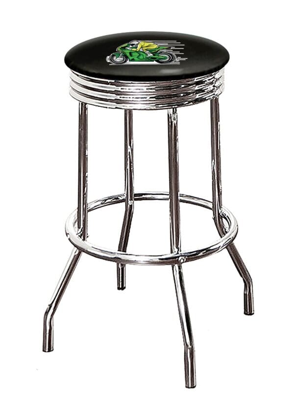 Motorcycle Green Pocket Rocket Speedster Themed Bar Stool 24" or 29" Retro Chrome Stool with Logo on a Colored Vinyl Swivel Seat Cushion - Image 2