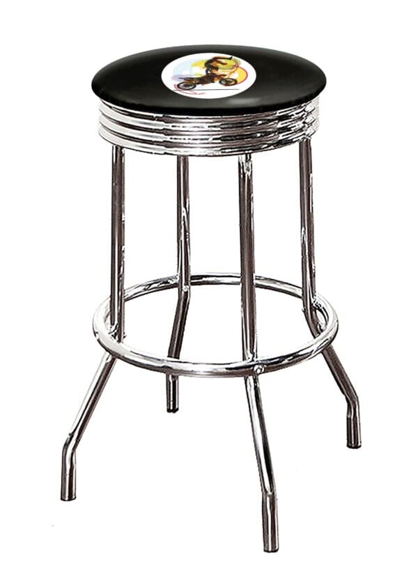 Motorcycle Tricks Dirt Bike Themed Bar Stool 24" or 29" Retro Style Backless Chrome Stool with Logo on a Colored Vinyl Swivel Seat Cushion - Image 2