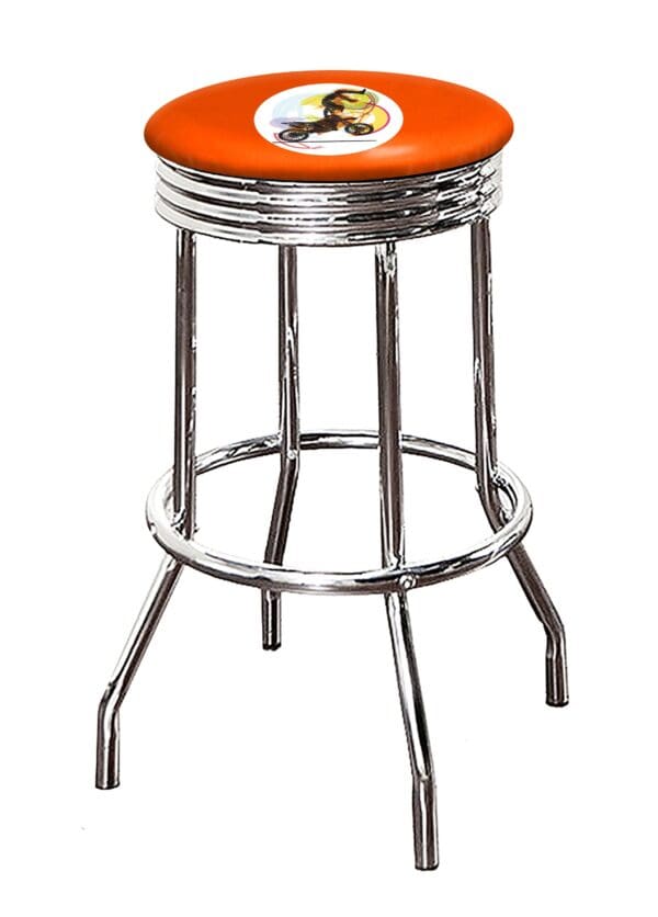 Motorcycle Tricks Dirt Bike Themed Bar Stool 24" or 29" Retro Style Backless Chrome Stool with Logo on a Colored Vinyl Swivel Seat Cushion - Image 3