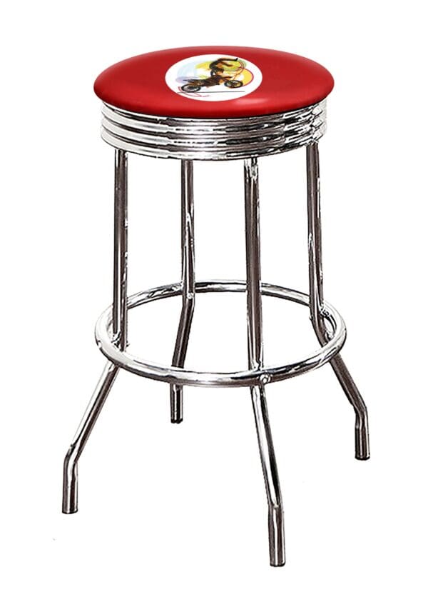Motorcycle Tricks Dirt Bike Themed Bar Stool 24" or 29" Retro Style Backless Chrome Stool with Logo on a Colored Vinyl Swivel Seat Cushion - Image 4