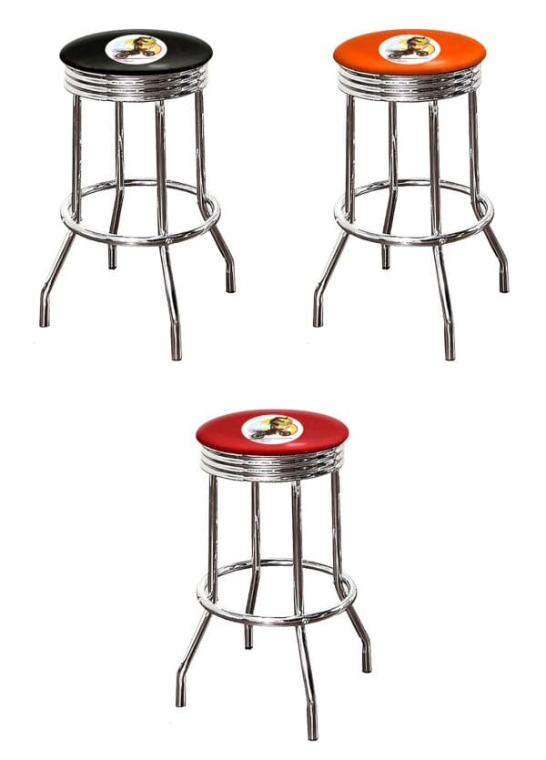 Motorcycle Tricks Dirt Bike Themed Bar Stool 24" or 29" Retro Style Backless Chrome Stool with Logo on a Colored Vinyl Swivel Seat Cushion