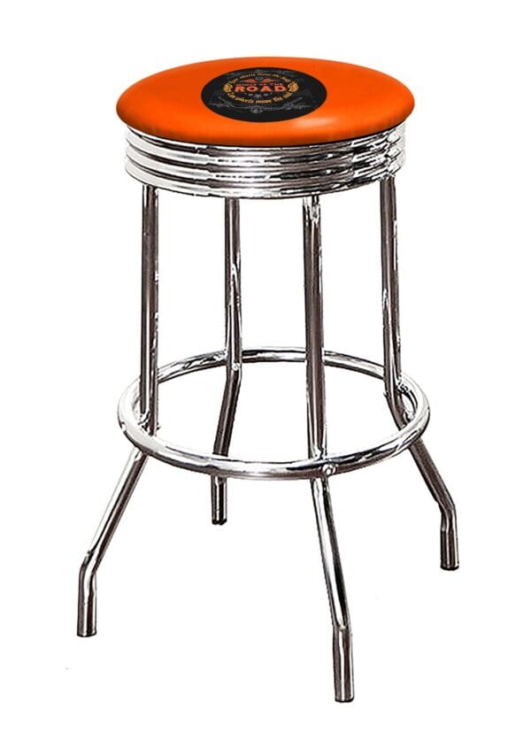 Motorcycle Wings of the Road Themed Bar Stool 24" or 29" Retro Style Backless Chrome Stool with Logo on a Colored Vinyl Swivel Seat Cushion - Image 3