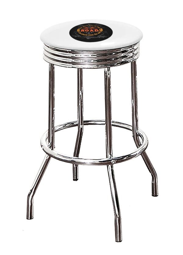 Motorcycle Wings of the Road Themed Bar Stool 24" or 29" Retro Style Backless Chrome Stool with Logo on a Colored Vinyl Swivel Seat Cushion - Image 4