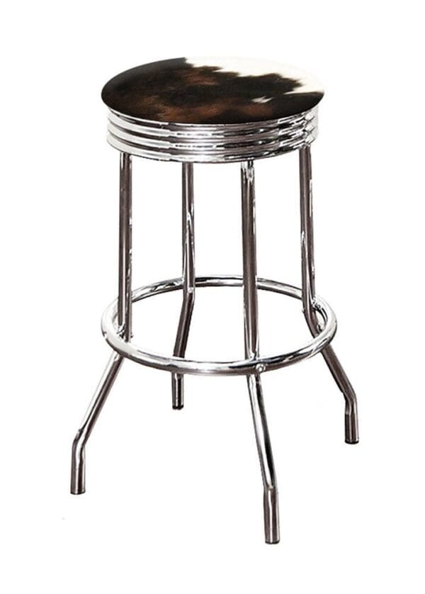 Bar Stool Authentic Cowhide Covered Seat Cushion on a Chrome Metal Retro Style Swivel Seat Stool - Image 2