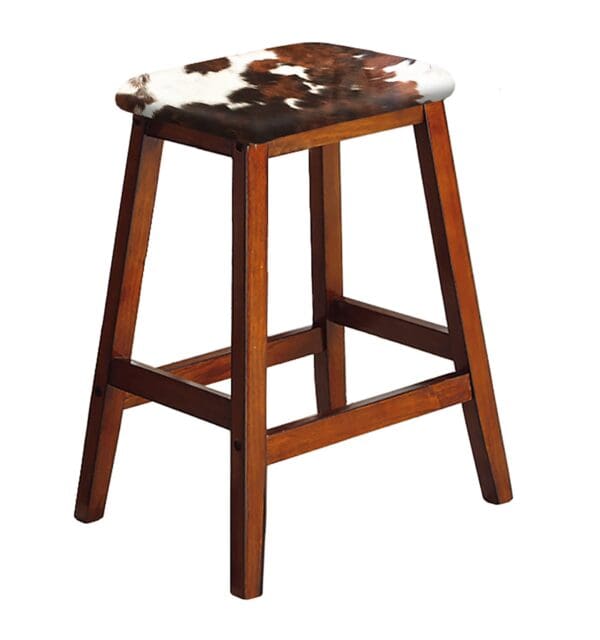 Bar Stool 29" Tall Dark Oak Finish Wood Stool Authentic Cowhide Covered Saddle Seat Style - Image 2
