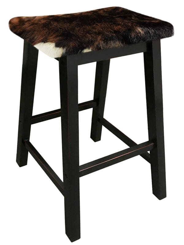 Bar Stool Authentic Cowhide Covered Cushioned Saddle Seat Style Black Finish Wood Stool Custom Height 24" or 29" Tall - Image 5