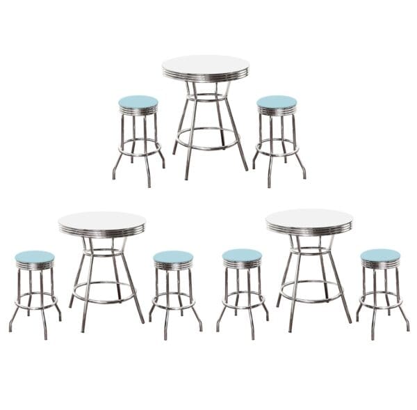 3 Sets -White Bar/Pub Table 3-Piece Retro Soda Fountain Style with 29" Tall Chrome Finish Swivel Seat Stools with Baby Blue Vinyl Cushions