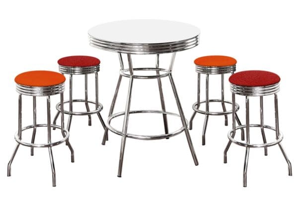 White Bar/Pub Table Set 5-Piece Retro Soda Fountain Style with a Color Variety of 2 Red and 2 Orange Vinyl Covered Swivel Seat Cushions