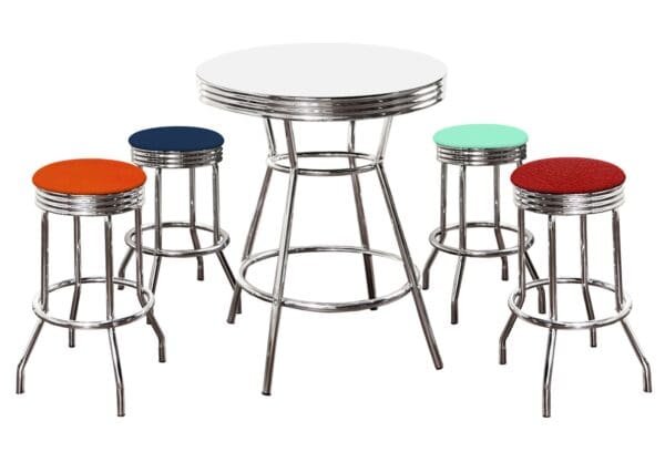 Custom 5-Pc White Bar Table Set Retro Soda Fountain Style with a Custom Color Variety of Red Orange Blue Turquoise Vinyl Covered Cushions