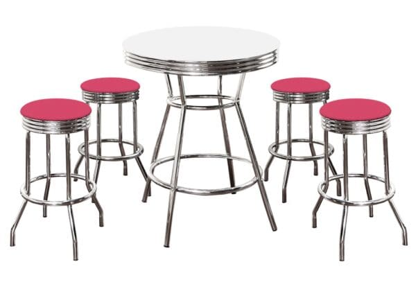 White Bar/Pub Table & Barstool Set 5-Piece Retro Soda Fountain Style with 4 - 29" Tall w Custom Hot Pink Vinyl Covered Swivel Seat Cushions