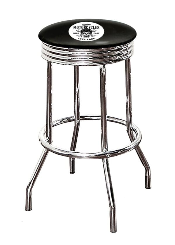Motorcycle Live Free Skull Themed Bar Stool 24" or 29" Retro Style Backless Chrome Stool with Logo on a Colored Vinyl Swivel Seat Cushion - Image 2