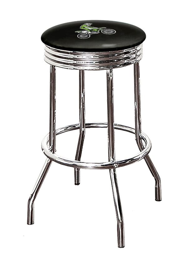 Motorcycle Dirt Bike Green Themed Bar Stool 24" or 29" Retro Style Backless Chrome Stool with Logo on a Colored Vinyl Swivel Seat Cushion - Image 2