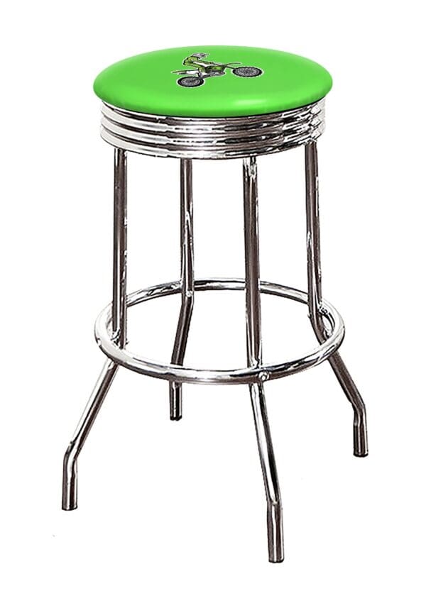 Motorcycle Dirt Bike Green Themed Bar Stool 24" or 29" Retro Style Backless Chrome Stool with Logo on a Colored Vinyl Swivel Seat Cushion - Image 3