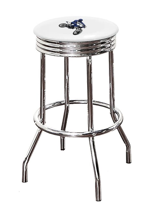Motorcycle Dirt Bike Blue Themed Bar Stool 24" or 29" Retro Style Backless Chrome Stool with Logo on a Colored Vinyl Swivel Seat Cushion - Image 5
