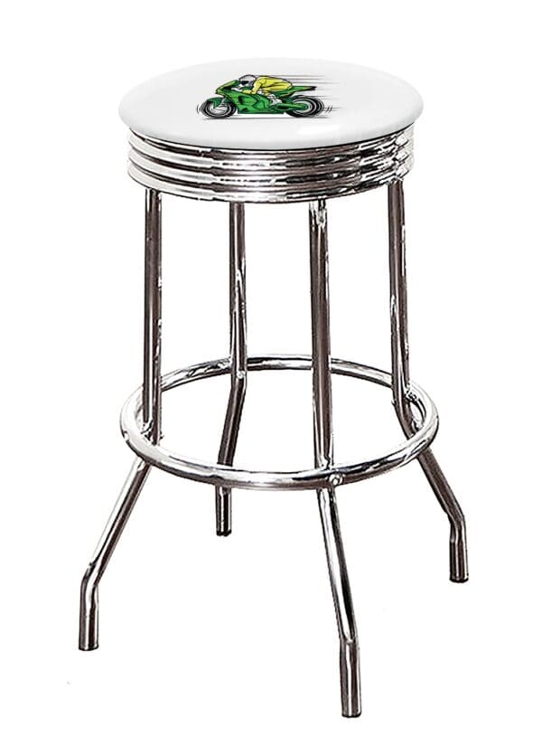 Motorcycle Green Pocket Rocket Speedster Themed Bar Stool 24" or 29" Retro Chrome Stool with Logo on a Colored Vinyl Swivel Seat Cushion - Image 3