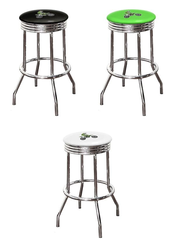 Motorcycle Dirt Bike Green Themed Bar Stool 24" or 29" Retro Style Backless Chrome Stool with Logo on a Colored Vinyl Swivel Seat Cushion