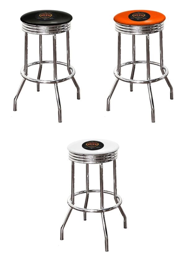 Motorcycle Wings of the Road Themed Bar Stool 24" or 29" Retro Style Backless Chrome Stool with Logo on a Colored Vinyl Swivel Seat Cushion