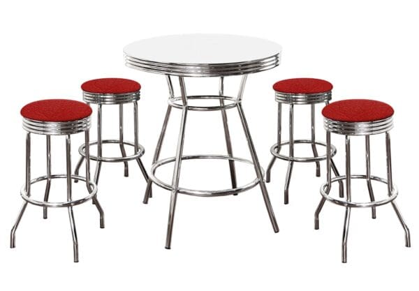 White Bar/Pub Table & Barstools Set 5-Piece Retro Soda Fountain Style with 4 - 29" Tall w Custom Red Vinyl Covered Swivel Seat Cushions