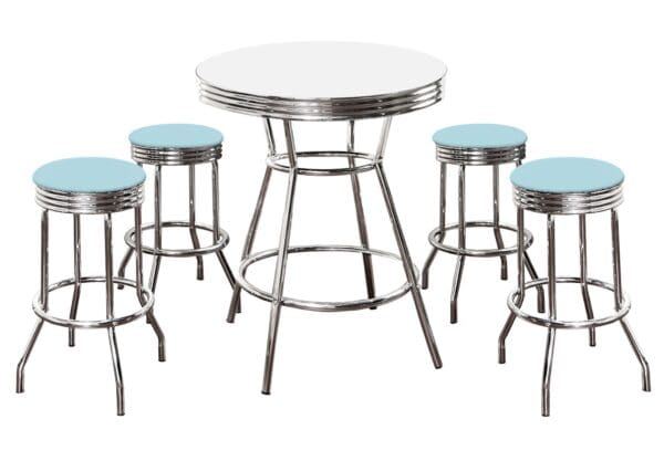 White Bar/Pub Table & Barstool Set 5-Piece Retro Soda Fountain Style with 4 - 29" Tall Baby Blue Vinyl Covered Swivel Seat Cushions