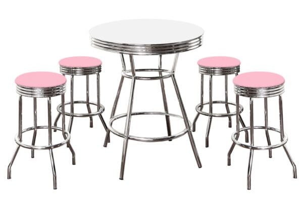 White Bar/Pub Table & Barstool Set 5-Piece Retro Soda Fountain Style with 4 - 29" Tall w Custom Baby Pink Vinyl Covered Swivel Seat Cushions