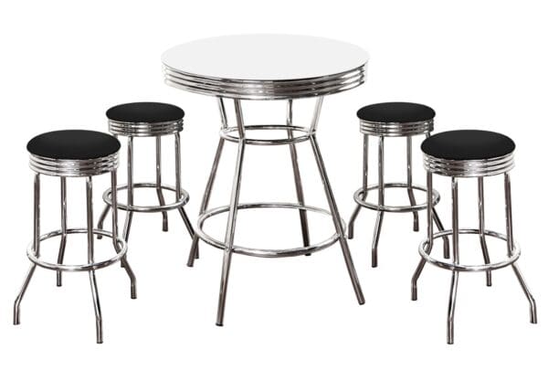 White Bar/Pub Table Set 5-Piece Retro Soda Fountain Style with 4 - 29" Tall Vinyl Bar Stools Covered Black  Swivel Seat Cushions