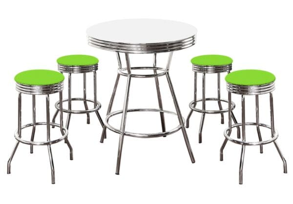 White Bar/Pub Table & Barstools Set 5-Piece Retro Soda Fountain Style with 4 - 29" Tall w Custom Bright Green Vinyl Covered Seat Cushions