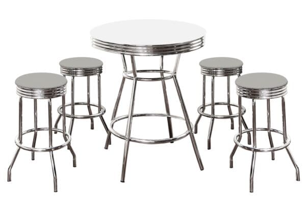 White Bar/Pub Table Set & Barstools 5-Piece Retro Soda Fountain Style with 4 - 29" Tall w Custom Gray Vinyl Covered Swivel Seat Cushions