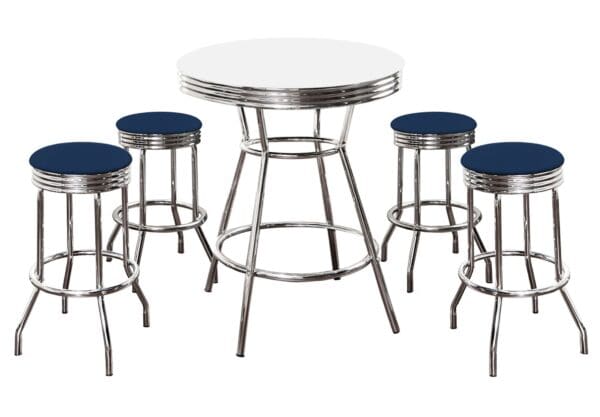 White Bar/Pub Table  & Barstools Set 5-Piece Retro Soda Fountain Style with 4 - 29" Tall Blue Vinyl Covered Swivel Seat Cushions