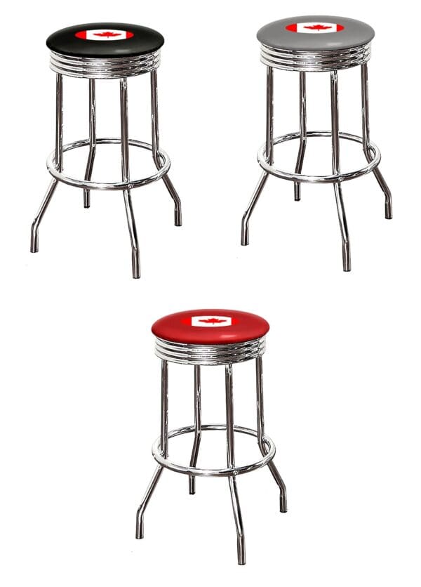 Canadian Flag Themed Bar Stool Chair 24" or 29" Retro Style Chrome Stools with Colored Vinyl Swivel Seat Cushion