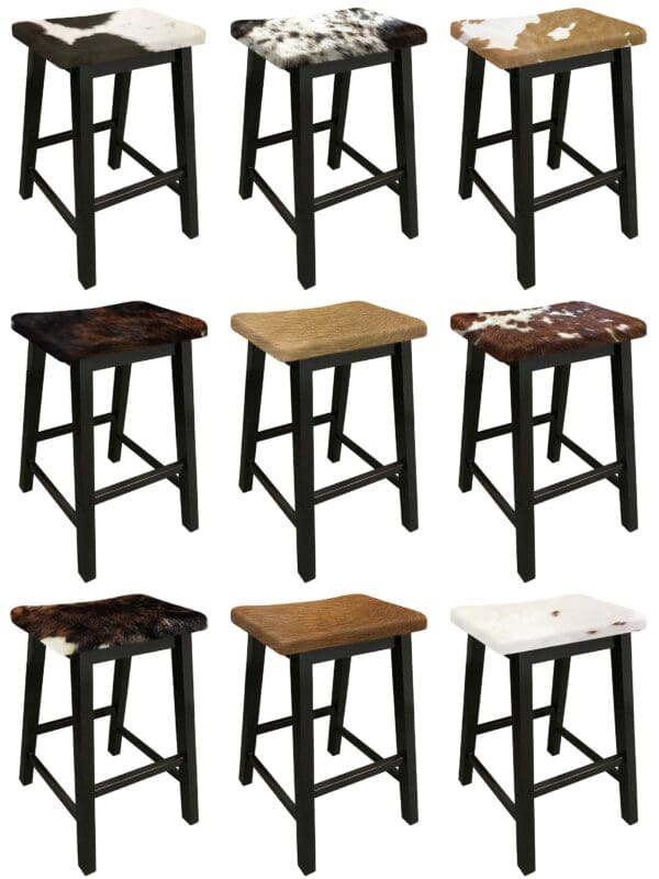 Bar Stool Authentic Cowhide Covered Saddle Seat Style Black Finish Wood Stool Choose a Custom Height 24" to 29" Tall