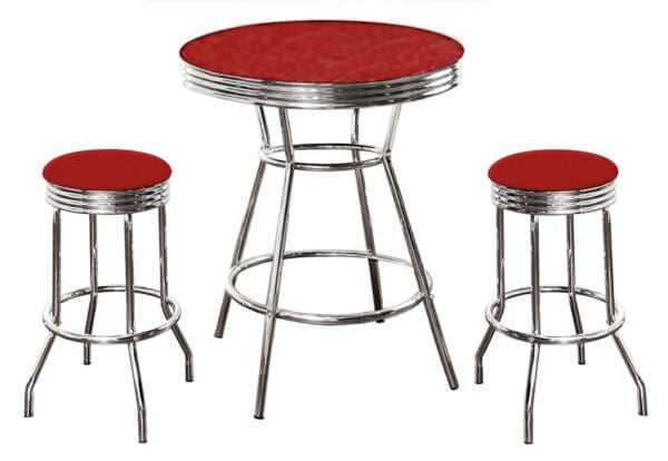 Custom Red Vinyl Covered Bar Table with Glass Top and 2 Chrome Stools with Red Vinyl Covered Swivel Seat Cushions
