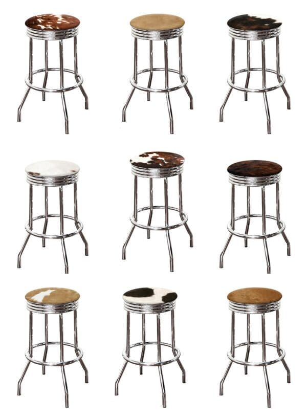 Bar Stool Authentic Cowhide Covered Seat Cushion on a Chrome Metal Retro Style Swivel Seat Stool