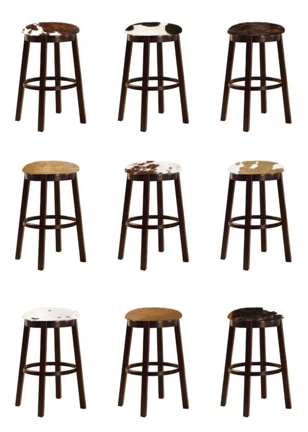 Bar Stool Authentic Cowhide Covered Seat Cushion on an Espresso Finish Wood with Straight Legs and Swivel Seat