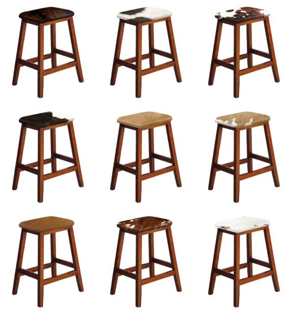 Bar Stool 29" Tall Dark Oak Finish Wood Stool Authentic Cowhide Covered Saddle Seat Style