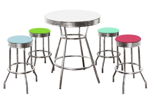Custom White Bar Table Set 5-PC Retro Soda Fountain Style with a Color Variety of Baby Blue Hot Pink Bright Green Turquoise Vinyl Cushions