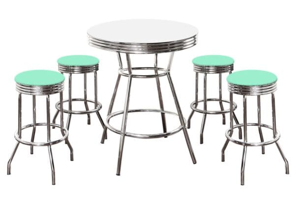 White Bar/Pub Table Set 5-Piece Retro Soda Fountain Style with 4 - 29" Tall Turquoise Aqua Vinyl Covered Swivel Seat Cushions