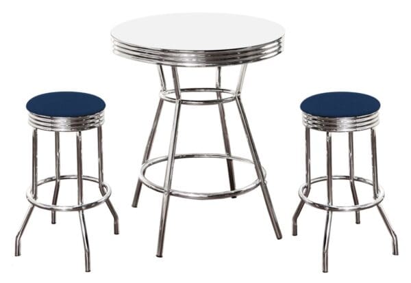 White Bar/Pub Table Set 3-Piece Retro Soda Fountain Style with 2 - 29" Tall Blue Vinyl Covered Swivel Seat Cushions