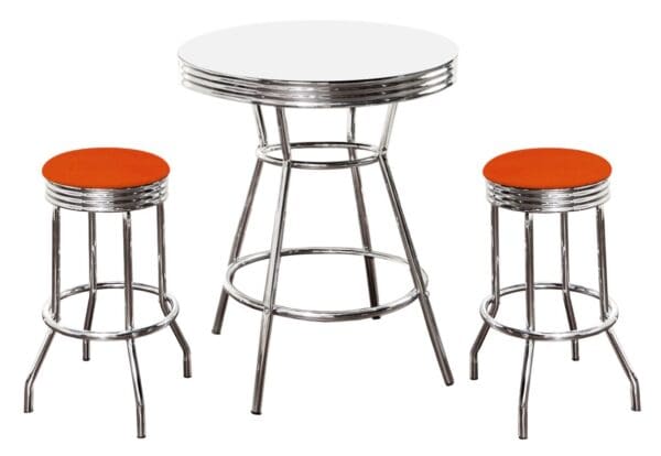 White Bar/Pub Table Set 3-Piece Retro Soda Fountain Style with 2 - 29" Tall Orange Vinyl Covered Swivel Seat Cushions