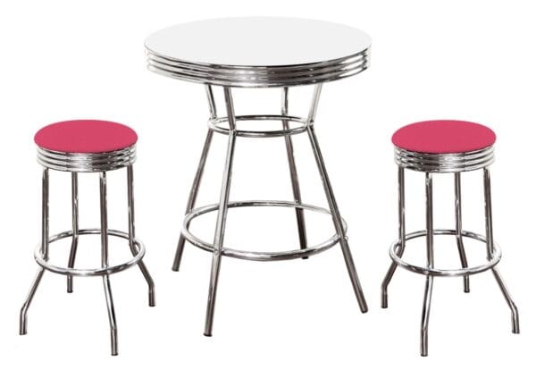 White Bar/Pub Table Set 3-Piece Retro Soda Fountain Style with 2 - 29" Tall Hot Pink Vinyl Covered Swivel Seat Cushions
