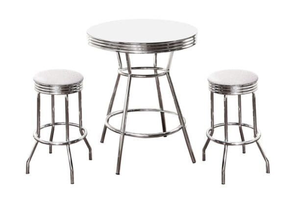 White Bar/Pub Table Set 3-Piece Retro Soda Fountain Style with 2 - 29" Tall Chrome Finish Swivel Seat Stools with White Glitter Cushions
