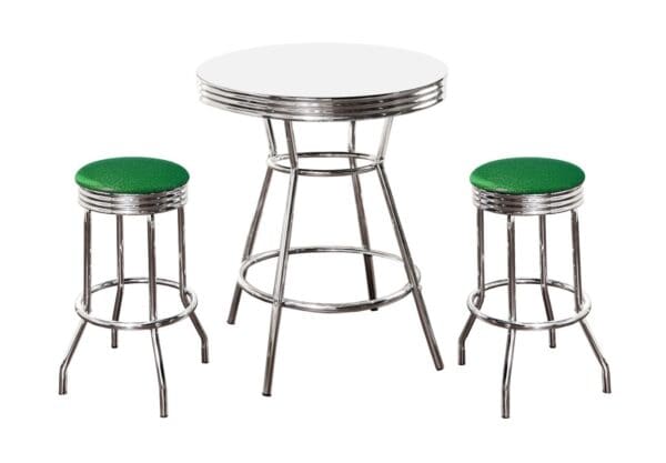 White Bar/Pub Table & Barstool Set 3-Pc Retro Soda Fountain Style with 2 29" Tall Chrome Finish Swivel Seat Stools w/ Green Glitter Cushions