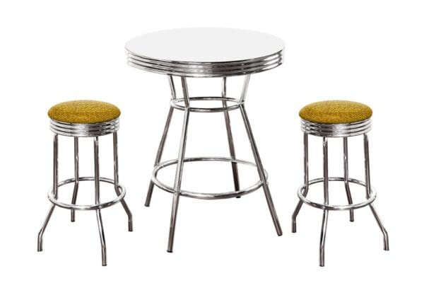White Bar/Pub Table & Barstools Set 3-Piece Retro Soda Fountain Style with 2 - 29" Tall Chrome Swivel Seat Stools with Gold Glitter Cushions - Image 2
