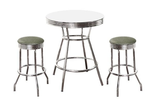 White Bar/Pub Table & Barstool Set 3-Piece Retro Soda Fountain Style w 2-29" Tall Chrome Finish Swivel Seat Stools w Silver Glitter Cushions